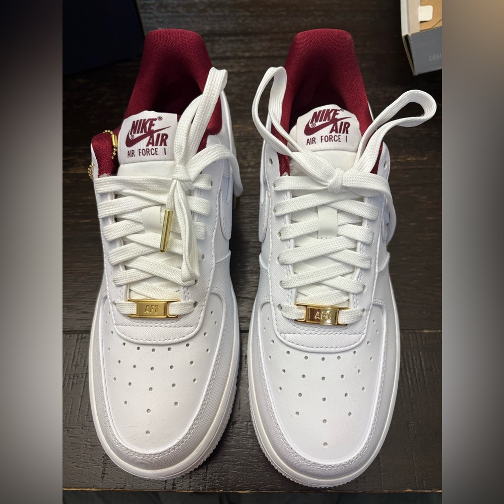 Nike Air Force 1 White and Burgundy Sneakers